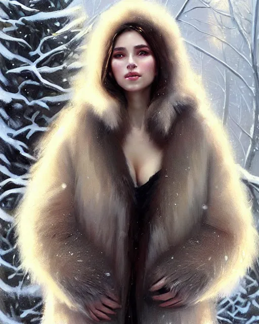 Image similar to a beautiful siberian girl with bear fur coat with hot decollete | | winter, realistic shaded, unpleasant face, bad looking, fine details, realistic shaded lighting poster by greg rutkowski, magali villeneuve, artgerm, jeremy lipkin and michael garmash and rob rey