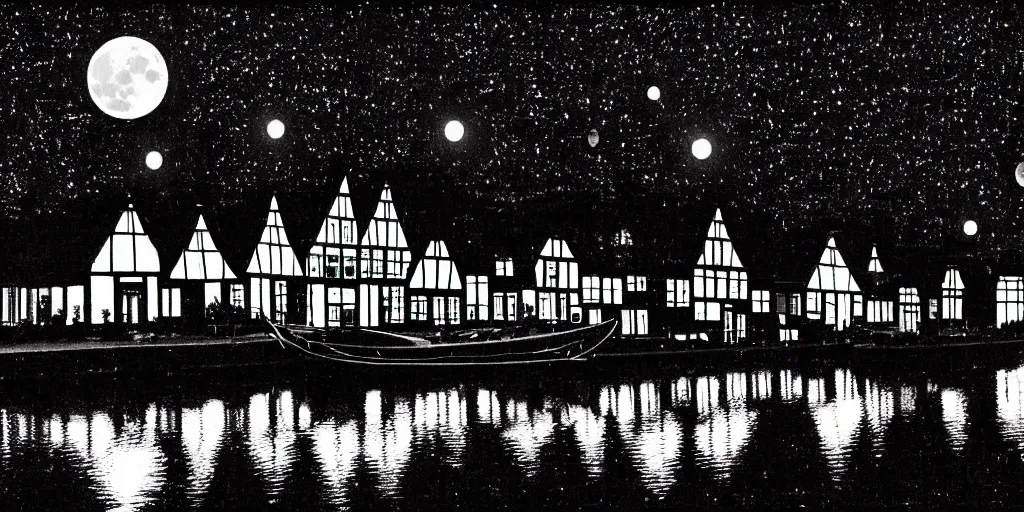 Prompt: Dutch houses along a river, silhouette!!!, Circular white full moon, black sky with stars, lit windows, stars in the sky, b&w!, Reflections on the river, a man is punting, flat!!, Front profile!!!!, HDR, soft!!, street lanterns glow, shimmers, 1904, illustration, shadowy figures