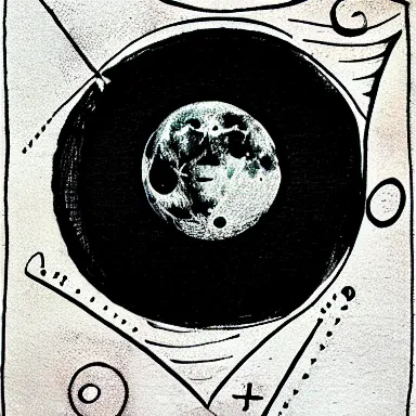 Image similar to an alchemical sigil for the moon, minimalist, pen and ink