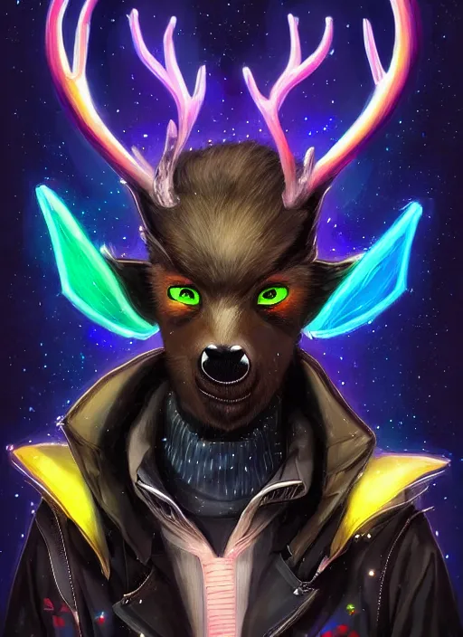 Image similar to award winning beautiful portrait commission of a male furry anthro Black Reindeer cyberpunk fursona with a tail, wings, wings, wings and a cute beautiful attractive detailed furry face wearing stylish black and rainbow galaxy clothes, outline, in a cyberpunk city at night while it rains. Character design by charlie bowater, ross tran, artgerm, and makoto shinkai, detailed, inked, western comic book art