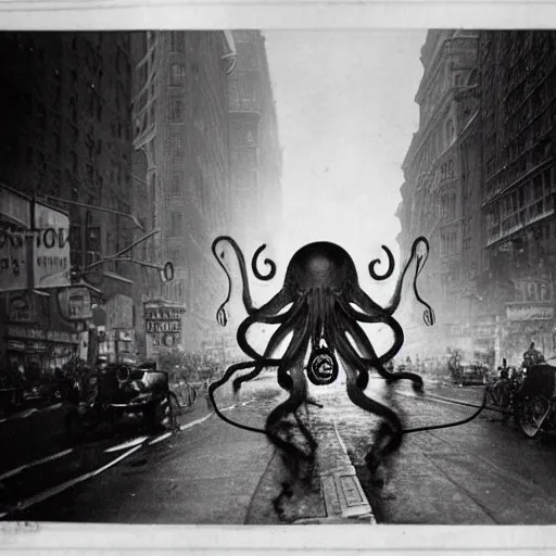 Image similar to old black and white photo, 1 9 1 3, depicting a giant alien dieselpunk octopus rampaging through the bustling streets of new york city, historical record, volumetric lights