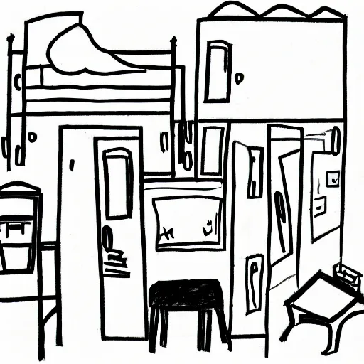 Prompt: child's drawing depiction of the apartment of a depressed student