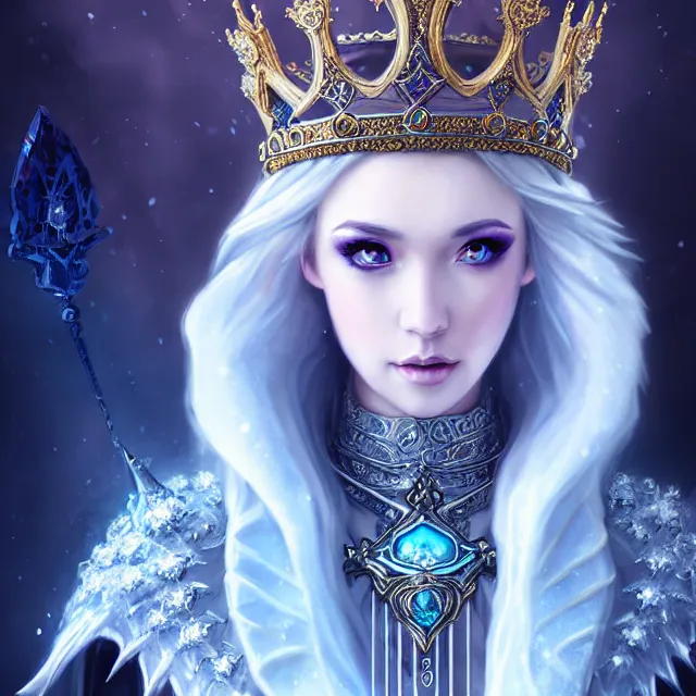 Image similar to beautiful cryromancer ice queen with ornate cloak and crown, highly detailed, 4 k, hdr, smooth, sharp focus, high resolution, award - winning photo, artgerm, photorealistic