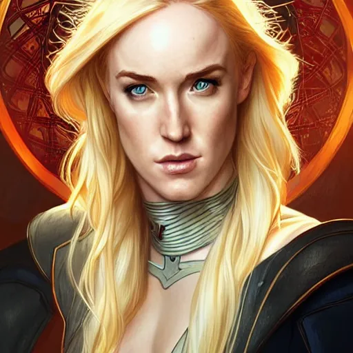 Image similar to Caity Lotz with blonde hair as Power Girl, western, D&D, fantasy, intricate, elegant, highly detailed, digital painting, artstation, concept art, matte, sharp focus, illustration, art by Artgerm and Greg Rutkowski and Alphonse Mucha