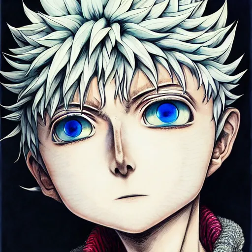 Image similar to beautiful killua zoldyck painted in jacek yerka aykut aydogdu and leslie zhang style drawn by vania zouravliov and takato yamamoto, intricate acrylic gouache painting, high detail, sharp high detail, artstation, manga and anime, crying, revenge