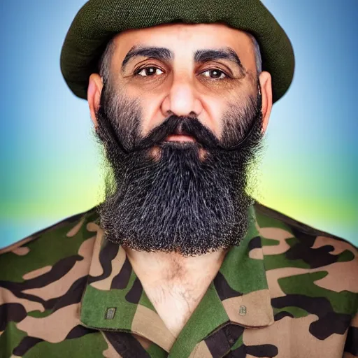 Image similar to professional portrait of a middle aged arab man with a beard wearing military camouflage and a beret, rainbow background, 8 k, very intricate, very detailed,