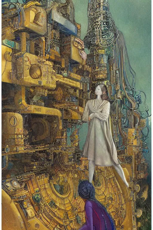 Prompt: realistic portrait of an engineer woman fixing the samsara holy cluster, fine portrait, concept art, stunning, visionary, in the style of ttrpg book illustrations, in the style of brecht evens, in the style of jean delville