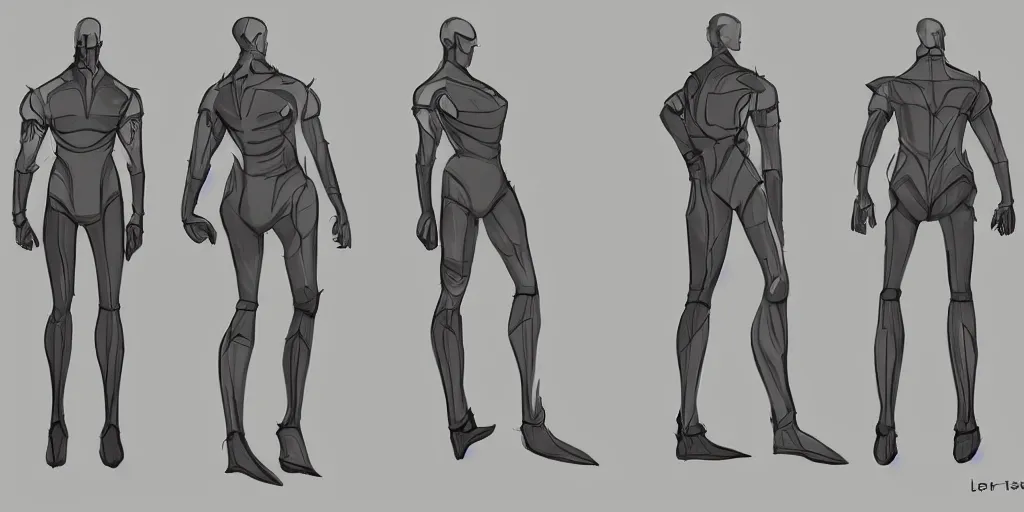 Image similar to male, science fiction suit, character sheet, concept art, stylized, large shoulders, long thin legs, concept design