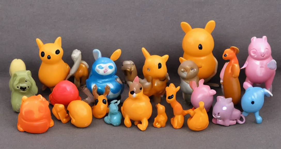 Image similar to some cute plastic toys that look like animal characters, sunset colors