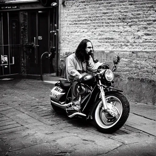 Prompt: jesus on a harley, street photographer, leica s