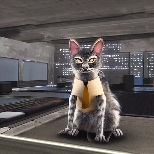 Image similar to cyberpunk cat in suit, final render, unreal engine