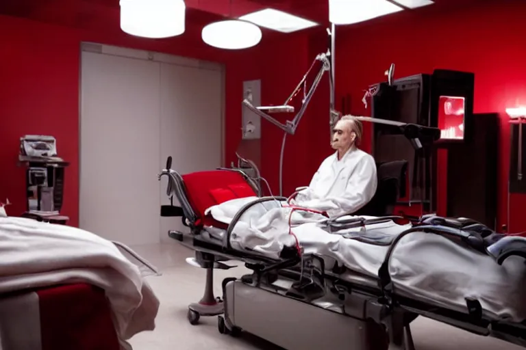 Prompt: a scene from the movie dead ringers with jeremy irons, dark cinematic lighting, heavy black and red color contrast, medical equipment