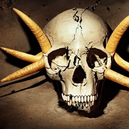 Image similar to “ high resolution photo of archeologists digging up the skull of a monster with horns and sharp teeth ”