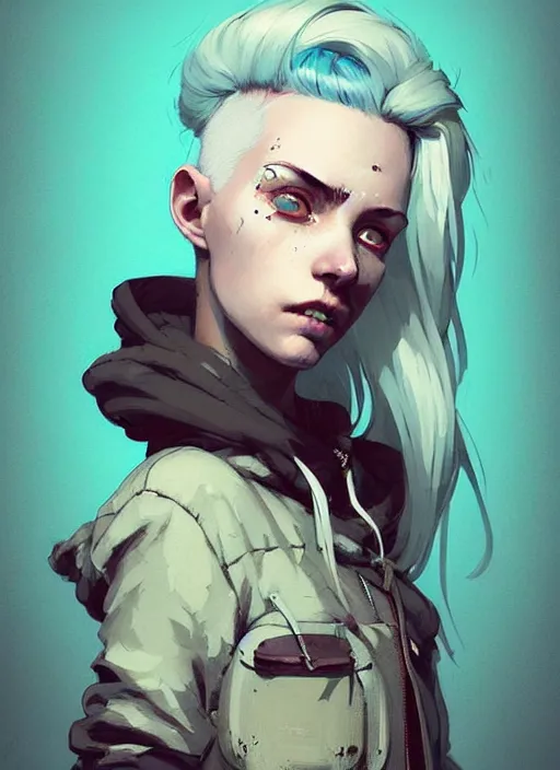 Image similar to highly detailed portrait of a sewer punk swedish lady, tartan hoody, white hair by atey ghailan, by greg rutkowski, by greg tocchini, by james gilleard, by joe fenton, by kaethe butcher, gradient light blue, brown, blonde cream and white color scheme, grunge aesthetic!!! ( ( graffiti tag wall background ) )