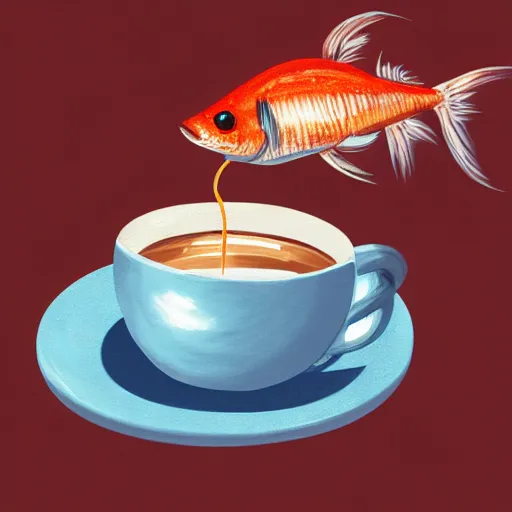 Image similar to a digital painting of a real fish drinking coffee