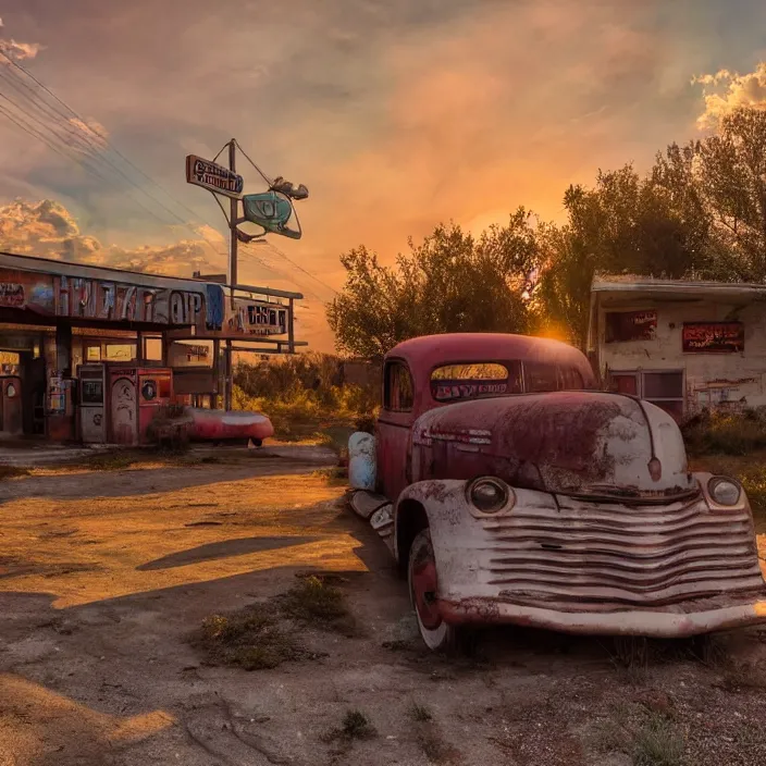 Image similar to a sunset light landscape with historical route 6 6, lots of sparkling details and sun ray ’ s, blinding backlight, smoke, volumetric lighting, colorful, octane, 3 5 mm, abandoned gas station, old rusty pickup - truck, beautiful epic colored reflections, very colorful heavenly, softlight