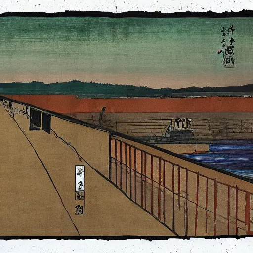 Image similar to a chinese prison near a river by peter doig : : 1 0 and ukiyo - e : : 1, muted colors