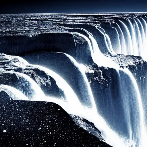 Prompt: the edge of the flat earth, national geographic photograph, water falling into nothing, mountains