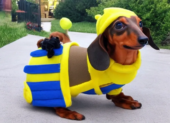 Image similar to Dachshund in a minion costume