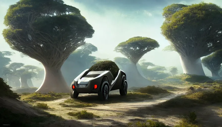 Image similar to a futuristic suv designed by pininfarina driving through madagascar with baobabs trees, artgerm and greg rutkowski and alphonse mucha, an epic fantasy, volumetric light, detailed, establishing shot, an epic fantasy, trending on art station, octane render, midsommar