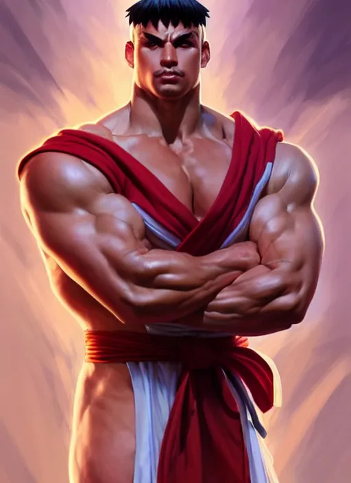 Image similar to Portrait of Ken from Street Fighter, muscular, robes! intricate, elegant, highly detailed, digital painting, artstation, concept art, smooth, sharp focus, illustration, art by artgerm and greg rutkowski and alphonse mucha