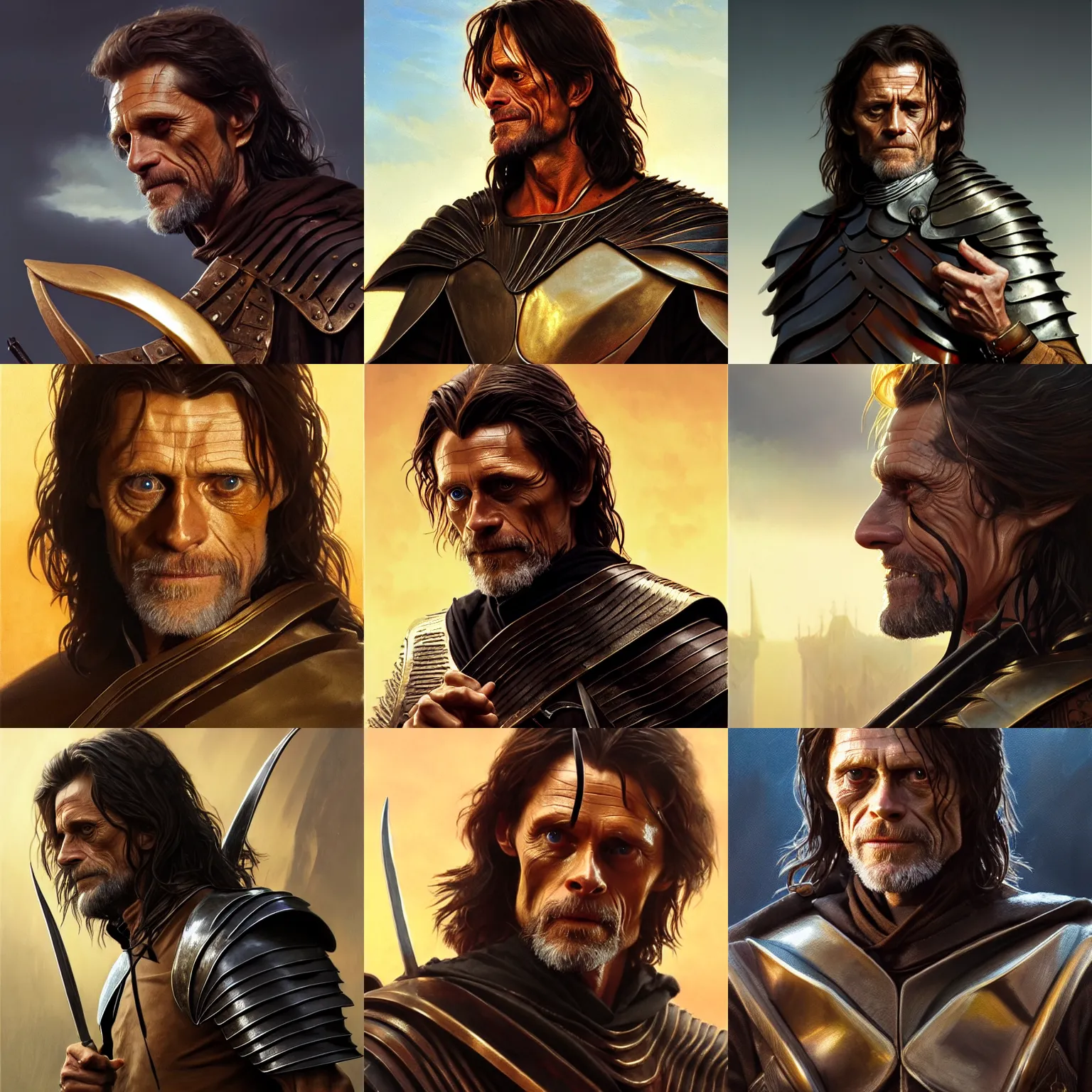 Prompt: Willem Dafoe as Aragorn, leather armor, dagger assassin, golden hour, concept art, detailed clothing, art station, oil painting, art by artgerm and greg rutkowski and alphonse mucha