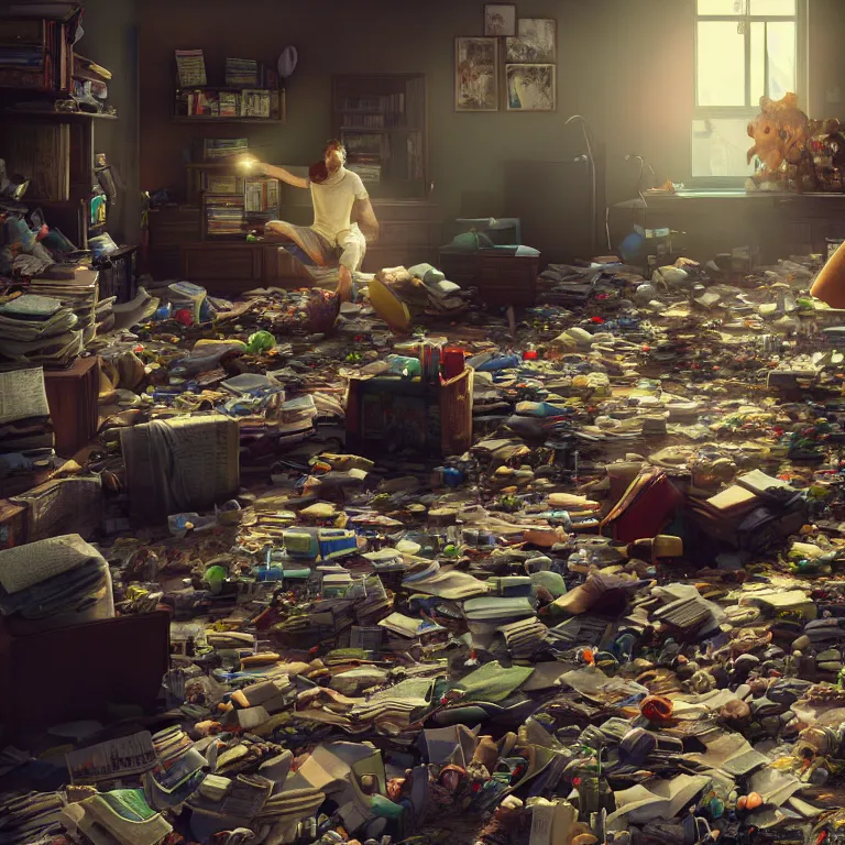 Prompt: a cinematic shot of a hoarder in a room filled with garbage, stacks of newspaper, piles of toys, octane render, volumetric lighting, nvidia raytracing demo, by Andy Thomas, Mario Martinez, Daniel Mirante, Gustave Dore, Artstation, CGsociety, masterpiece