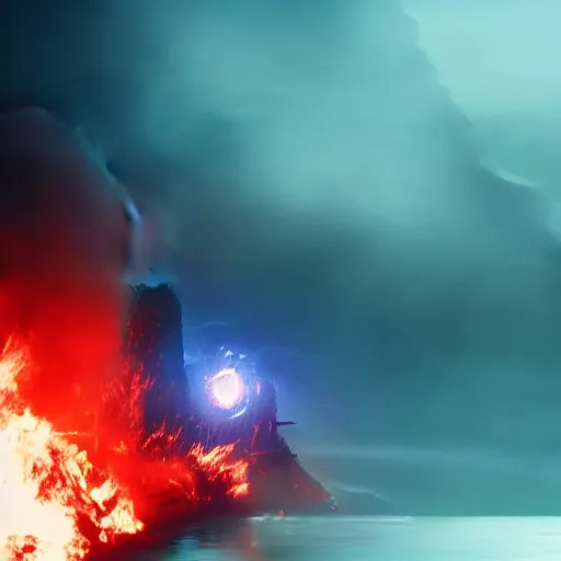 Image similar to low - resolution filmstill of a kaiju monster, fog, smoke, fire, red and blue hues, thriller, underdeveloped, flare, epic, dramatic