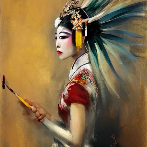 Prompt: spontaneous romantic portrait under painting of a lady in chinese opera headdress, beautiful juicy brush strokes, colorful, by richard schmid and sargent, trending on cgsociety, expressionism