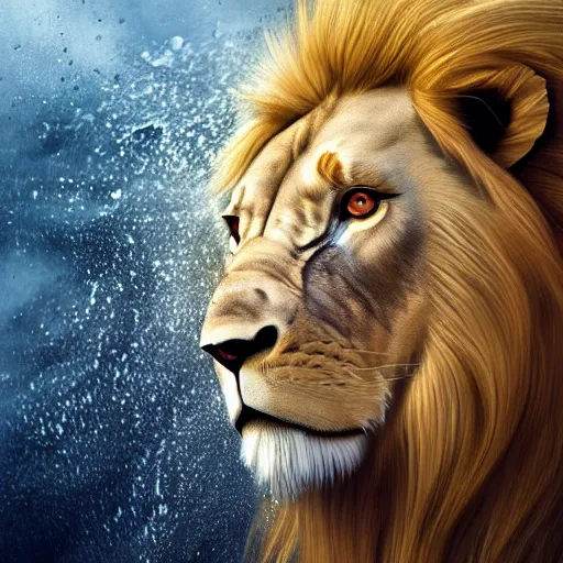 Prompt: a male anthro muscular albino lion's face breaching through a wall of water, headshot, water sprites, splashing, deep blue ocean, highly detailed, realistic digital art, trending on artstation