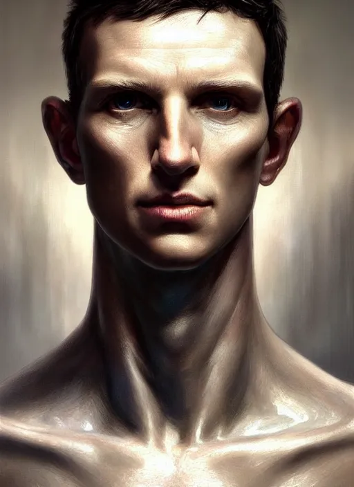 Prompt: mark zukerberg as male android!!!, pale, lifeless, portrait, intricate, elegant, highly detailed, digital painting, artstation, concept art, wallpaper, smooth, sharp focus, illustration, art by h. r. giger and artgerm and greg rutkowski and alphonse mucha