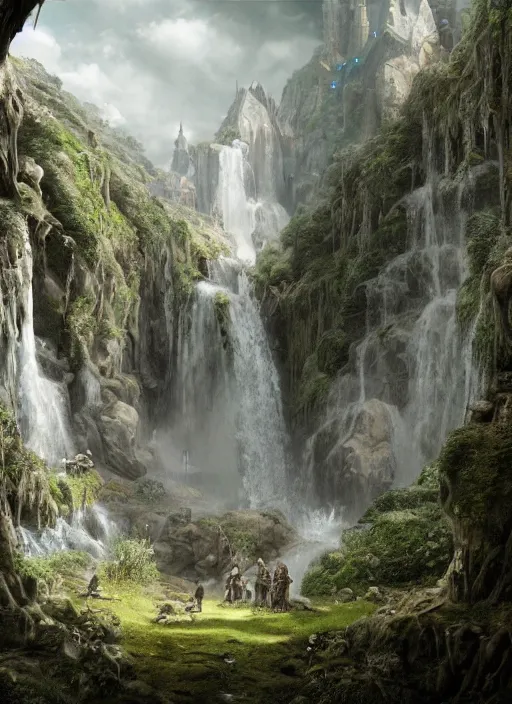 Prompt: medieval adventurers in lord of the rings scenery landscape, inside an enormous overgrown cathedral, waterfall, reflections, magic portal in the sky, highly detailed, cinematic lighting, perfect composition, 4 k, gustave dore, derek zabrocki, greg rutkowski, belsinski, octane render, cgi