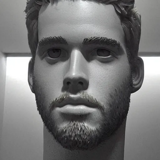 Image similar to “ a realistic detailed photo of a guy who is an attractive humanoid who is half robot and half humanoid, who is a male android, actor liam hemsworth, shiny skin, posing like a statue, blank stare, at the museum, on display ”