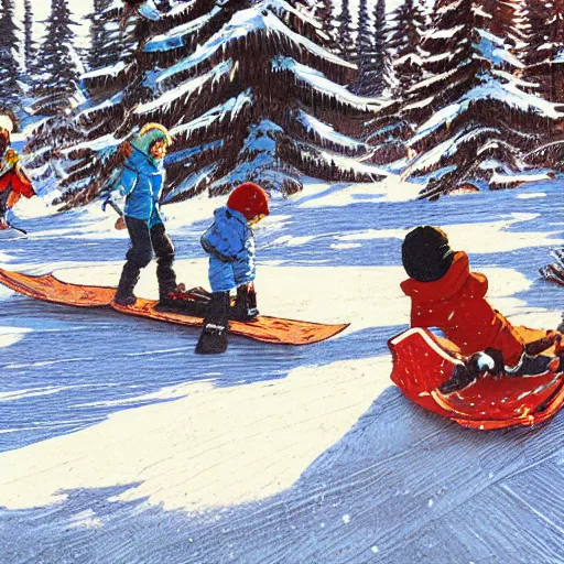 Prompt: Pogg and Yuurei sledding in Canada, 4k, sharp focus,woodcut art, greg rutkowski