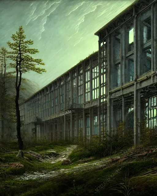 Image similar to a beautiful very detailed illustration of blockhouse industrial architecture building unfinished building nature abandoned architecture urbex by caspar david friedrich, sci - fi vaporwave uv light, archdaily, wallpaper, highly detailed, trending on artstation.