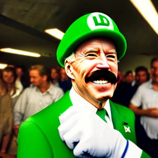 Image similar to uhd candid photo of hyperdetailed joe biden dressed as luigi. correct face, cinematic lighting, photo by annie leibowitz, and steve mccurry.