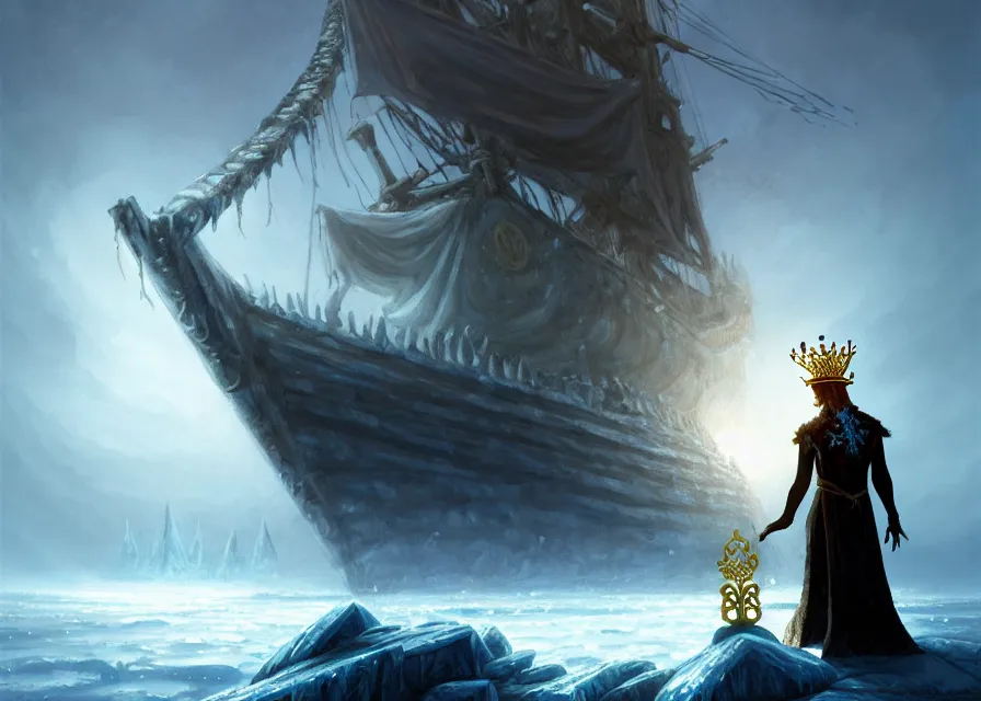 Image similar to frozen zombie king with gold crown, eyes are glowing, broken sailing ship boat in the background, is at dawn and bluish, fantasy, intricate, elegant, highly detailed, digital painting, artstation, concept art, matte, sharp focus, illustration, art by aenaluck and roberto ferri and greg rutkowski, epic fantasy, digital painting