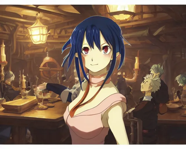 Image similar to anime visual, portrait of a young female in a busy fantasy medieval tavern interior at night, face by yoh yoshinari, murata range, last exile, blue submarine no 6, dynamic pose, dynamic perspective, detailed silhouette, rich texture, seven deadly sins anime, flat, anime cels, matte color, flat lighting on face, rounded eyes