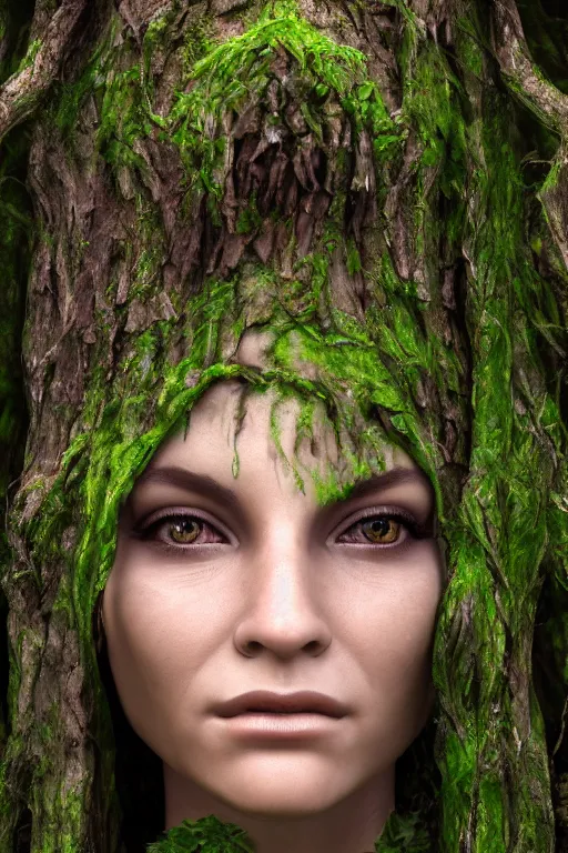 Image similar to A hyper real photo of a female dryad, whose face is made of wood, rendered in unreal, 4k, subtle horror theme, menacing.