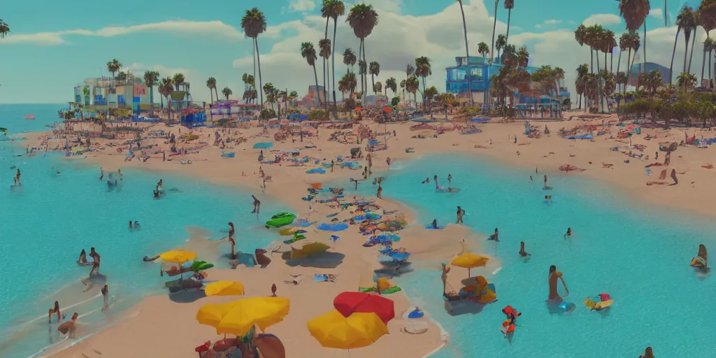 Image similar to a film still of a sunny and colourful beach scene in santa monica, los angelos by wes anderson, wide shot, sharp, rendered in unreal engine 5, bloom, dramatic lighting