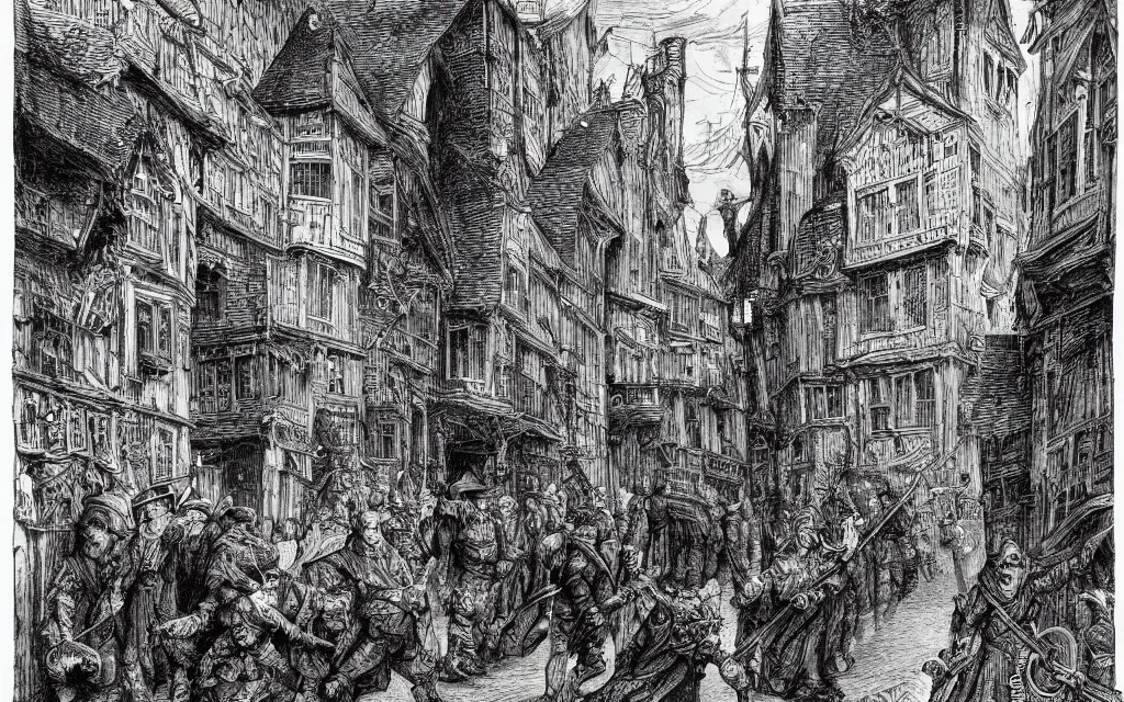 Prompt: a black and white illustration of the streets of elizabethan london by bernie wrightson, ian miller, gustave dore, albrecht durer, storybook illustration, highly detailed, pen and ink on paper