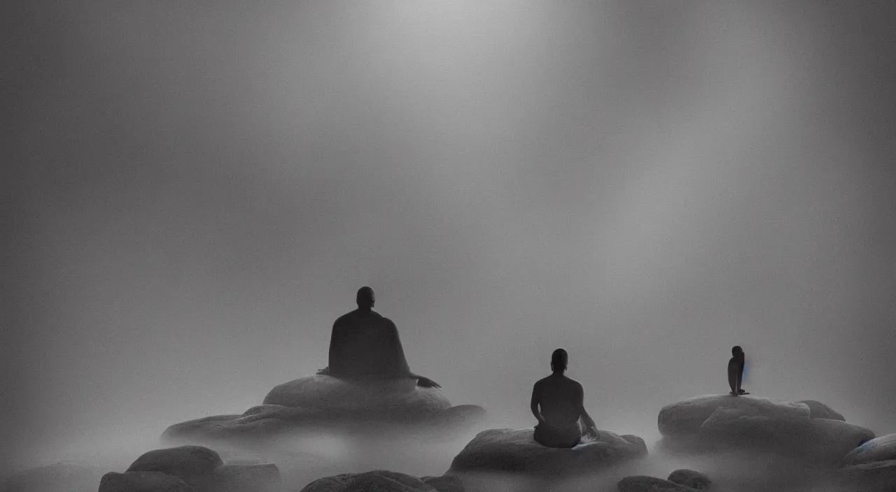 Image similar to alex grey painted style a lonely silhouette of a meditating monk sitting in the fog on a stone protruding from the water in the rays of the morning sun