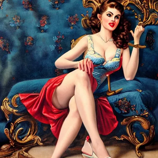 Prompt: alexandra daddario dressed in pin up style, ultra detailed, beautiful, decolte, by greg hildebrandt fancy rococo baroque oil painting high quality clothed in fancy garb in pin up style