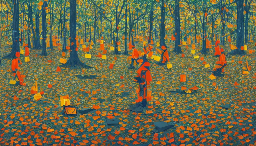 Image similar to safety cones scattered around an oak tree forest checker board forest floor, by james jean by ilya kuvshinov kintsugi, hyper detailed surrealist painting