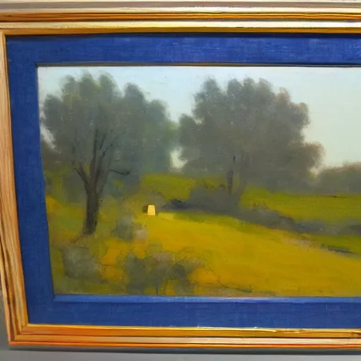 Prompt: Tonalist landscape, pastoral scene. Ultramarine blue, napthol red, and lemon yellow.