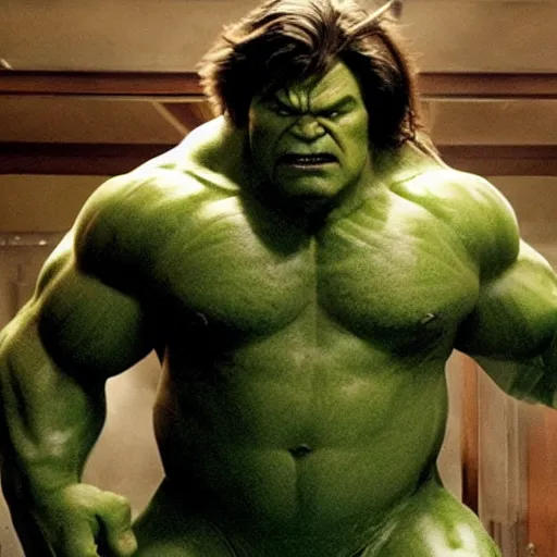 Image similar to jack black as the incredible hulk, movie still, action pose,