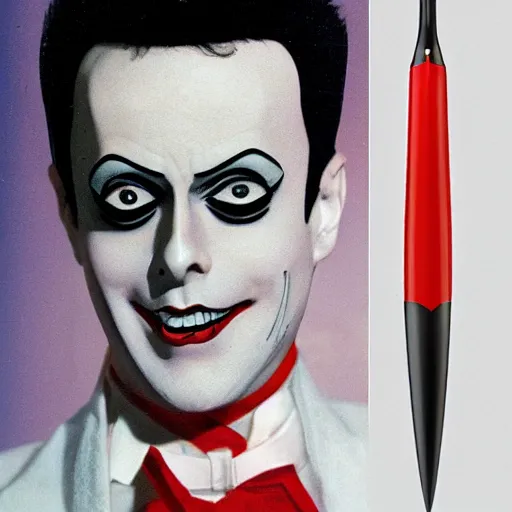 Image similar to a high quality product photo ad of klaus nomi with a technical reed rollerball pen exacto knife by junji ito, ethereal eel