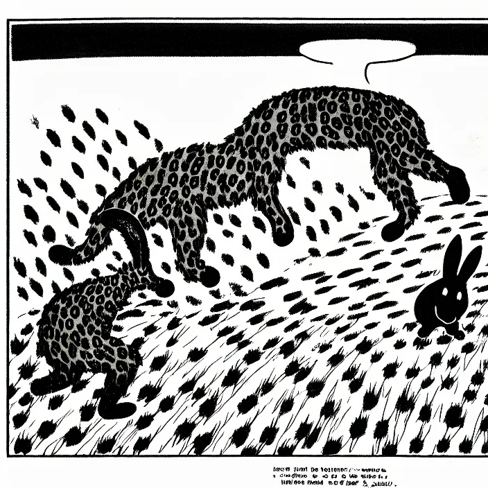 Image similar to a still frame from comic strip, black fluffy leopard dancing with rabbit in a field 1 9 5 0, silhouette, herluf bidstrup, new yorker illustration, monochrome contrast bw, lineart, manga, tadanori yokoo, simplified,