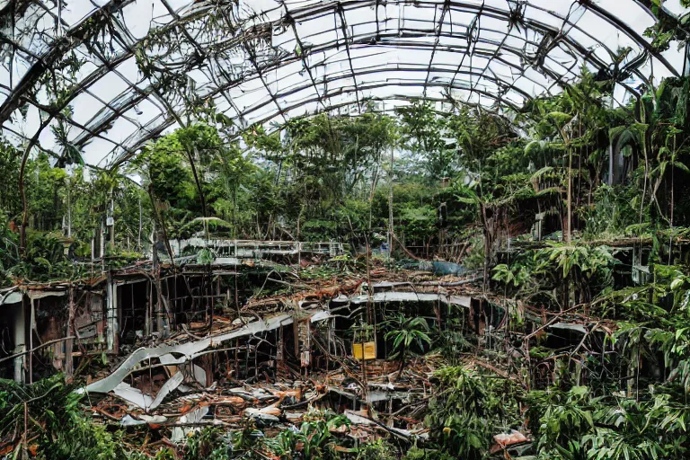 Prompt: ruins of a shopping mall in a jungle, DSLR photography