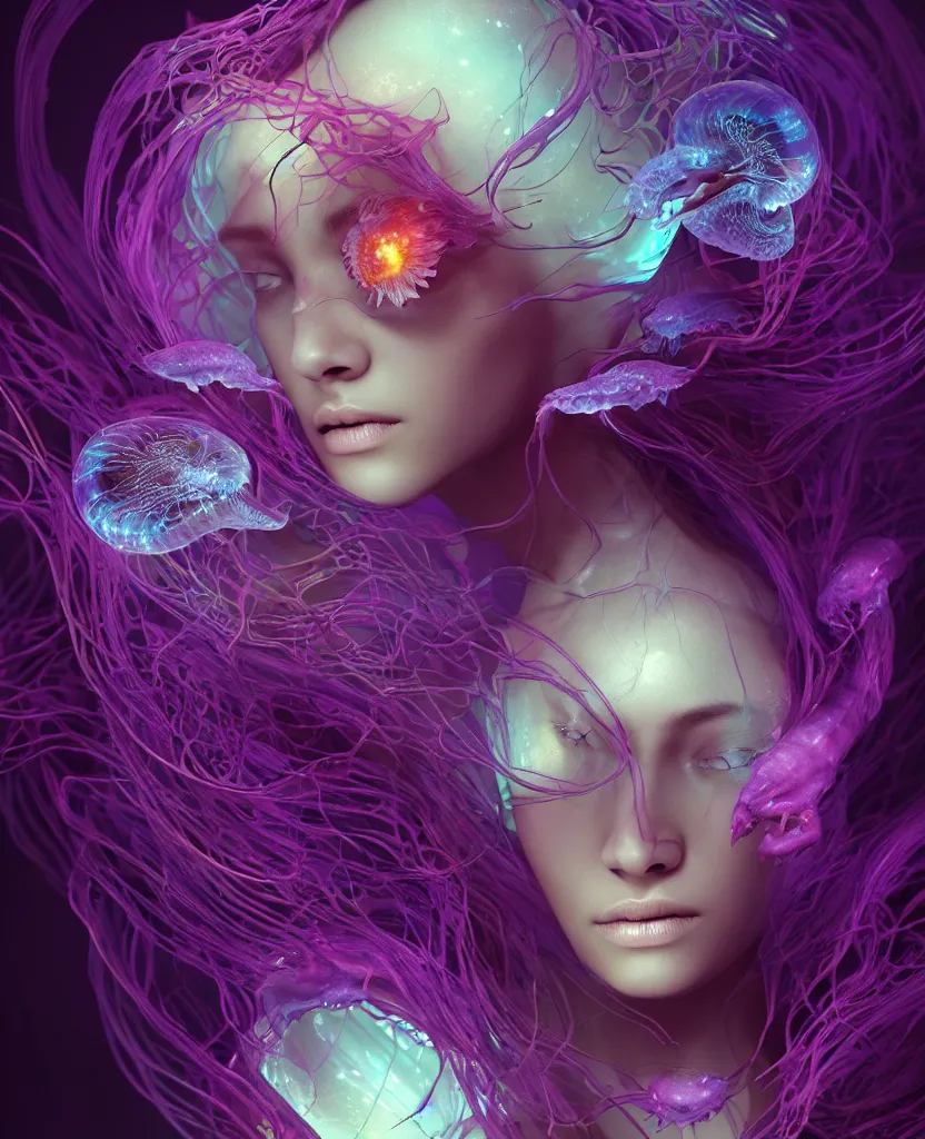 Image similar to beautiful female fused with orchid jellyfish, close-up portrait, dark, phoenix head, nautilus, skull, bioluminiscent, intricate artwork by Tooth Wu and wlop and beeple. octane render, trending on artstation, greg rutkowski, xsullo, very coherent symmetrical artwork. cinematic, hyper realism, high detail, octane render, 8k